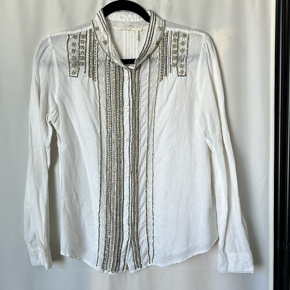 Floreat Anthropologie Rhinestone and Lace Button Down Linen Shirt